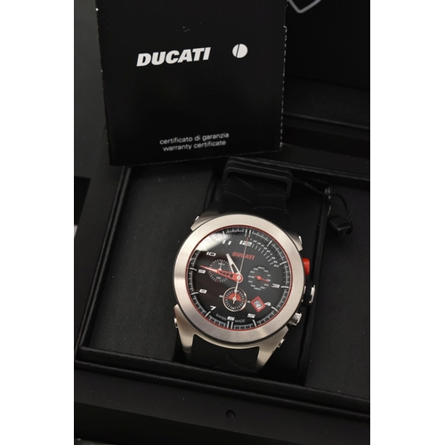 108 - THREE GENTLEMAN'S WRISTWATCHES WITH BOXES AND PAPERWORK, the first a Ducati chronograph 5030, with b... 