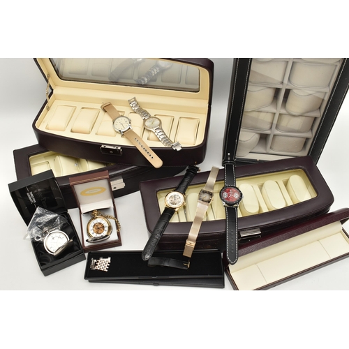 110 - A SELECTION OF WATCHES AND WATCH DISPLAY BOXES, to include Accurist, Sekonda, PWC London, DKNY, Winn... 