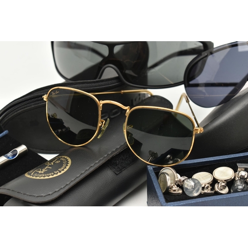 111 - THREE PAIRS OF DESIGNER SUNGLASSES AND A SELECTION OF CUFFLINKS, to include a vintage pair of Ray Ba... 