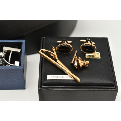 111 - THREE PAIRS OF DESIGNER SUNGLASSES AND A SELECTION OF CUFFLINKS, to include a vintage pair of Ray Ba... 