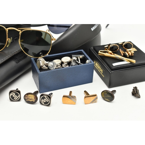 111 - THREE PAIRS OF DESIGNER SUNGLASSES AND A SELECTION OF CUFFLINKS, to include a vintage pair of Ray Ba... 