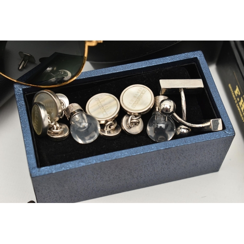 111 - THREE PAIRS OF DESIGNER SUNGLASSES AND A SELECTION OF CUFFLINKS, to include a vintage pair of Ray Ba... 