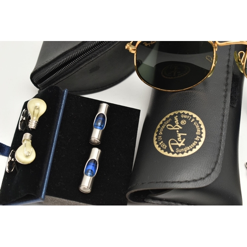 111 - THREE PAIRS OF DESIGNER SUNGLASSES AND A SELECTION OF CUFFLINKS, to include a vintage pair of Ray Ba... 