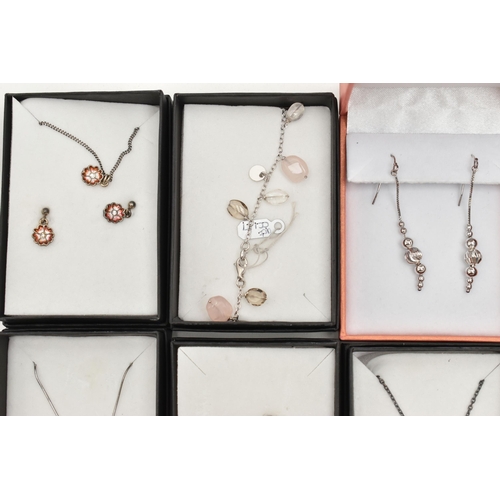 115 - AN ASSORTMENT OF WHITE METAL JEWELLERY, to include nine necklaces, a bracelet, a necklace and earrin... 