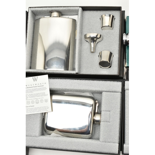 119 - A BOX OF ASSORTED HIP FLASKS, the first a boxed 'English Pewter Company', a stainless steel and leat... 