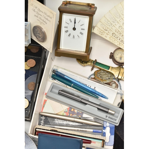 124 - A BOX OF ASSORTED ITEMS, to include a silver fob medal, with vacant cartouche, hallmarked Birmingham... 