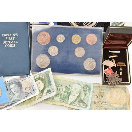 124 - A BOX OF ASSORTED ITEMS, to include a silver fob medal, with vacant cartouche, hallmarked Birmingham... 