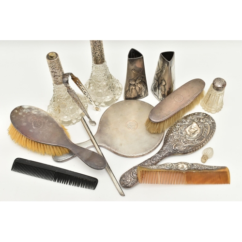 125 - ASSORTED SILVER ITEMS, to include a three piece vanity set comprising of a hair brush, hand held mir... 