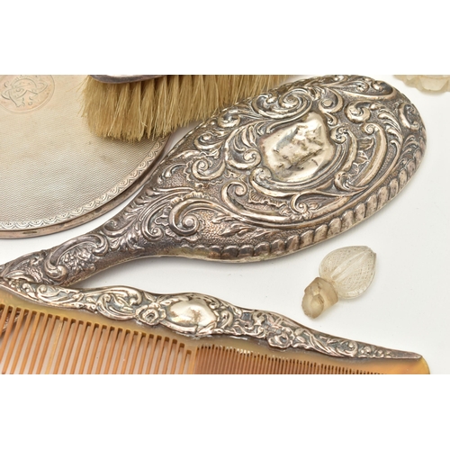 125 - ASSORTED SILVER ITEMS, to include a three piece vanity set comprising of a hair brush, hand held mir... 