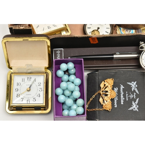 126 - A BOX OF ASSORTED ITEMS, to include a wide silver hinged bangle, foliate pattern with push button cl... 