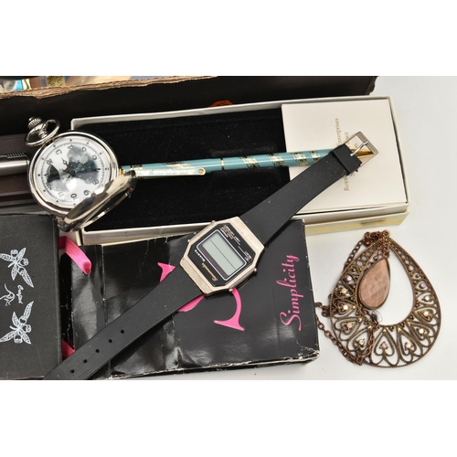 126 - A BOX OF ASSORTED ITEMS, to include a wide silver hinged bangle, foliate pattern with push button cl... 