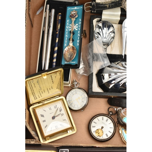 126 - A BOX OF ASSORTED ITEMS, to include a wide silver hinged bangle, foliate pattern with push button cl... 