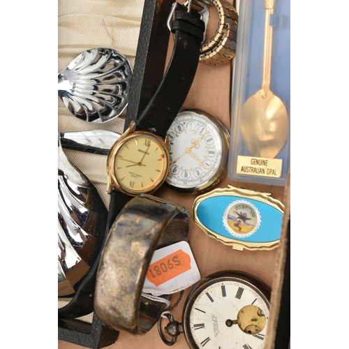 126 - A BOX OF ASSORTED ITEMS, to include a wide silver hinged bangle, foliate pattern with push button cl... 