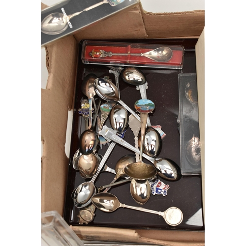 127 - COLLECTABLE TEASPOONS, COINS ETC, to include a variety of loose and boxed collectable souvenir teasp... 