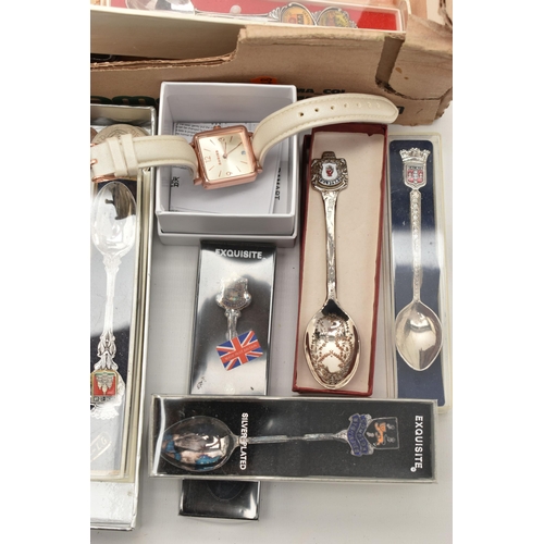 127 - COLLECTABLE TEASPOONS, COINS ETC, to include a variety of loose and boxed collectable souvenir teasp... 