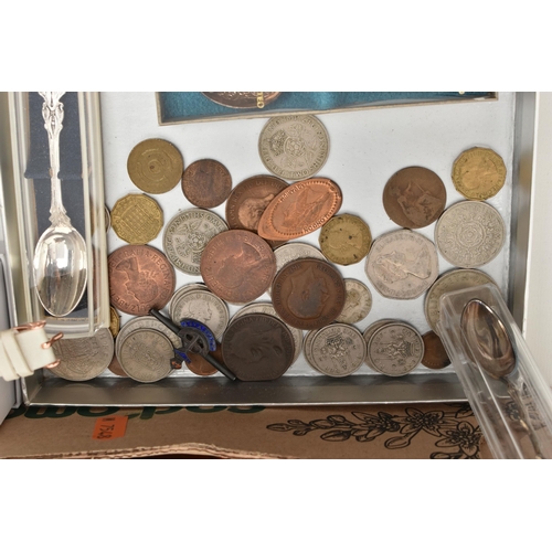 127 - COLLECTABLE TEASPOONS, COINS ETC, to include a variety of loose and boxed collectable souvenir teasp... 