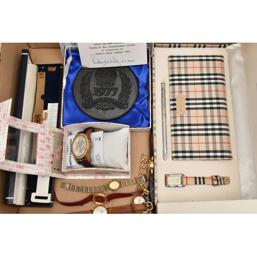 128 - TWO BOXES OF ASSORTED COSTUME JEWELLERY, LADIES WRISTWATCHES AND OTHER ITEMS, to include a variety o... 