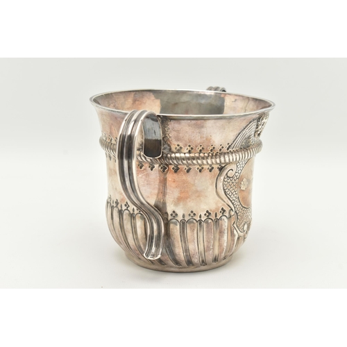 133 - A GEORGE II SILVER DOUBLE HANDLED PORRINGER, stop reeded design with embossed cherub engraved circul... 