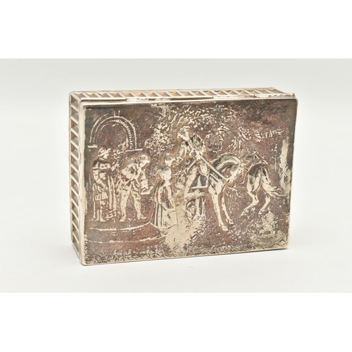 135 - A SILVER EMBOSSED BOX, of rectangular form, embossed street scene with horse and people to the hinge... 