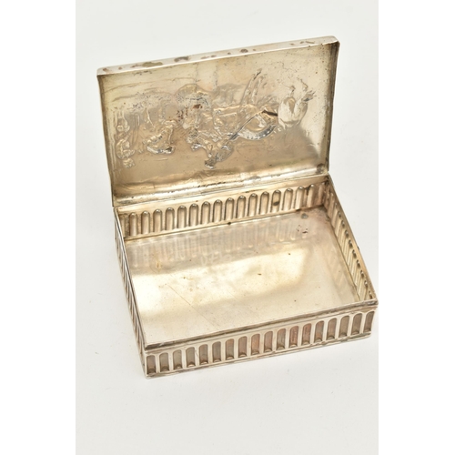 135 - A SILVER EMBOSSED BOX, of rectangular form, embossed street scene with horse and people to the hinge... 