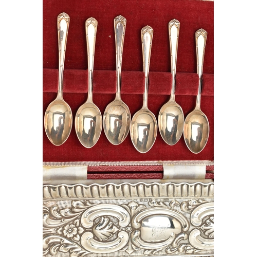 136 - TWO CASED SETS OF SILVER SPOONS AND A TRAY, the first a set of six bright cut pattern teaspoons with... 