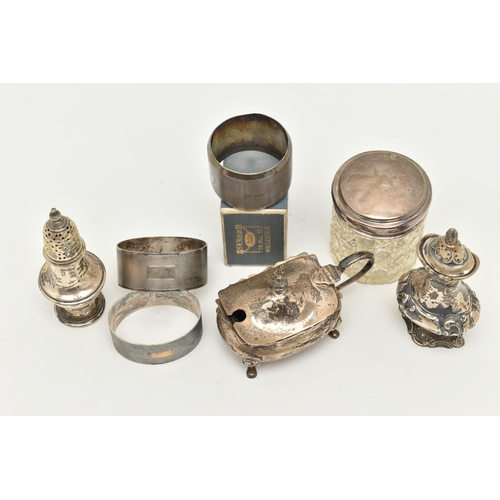 137 - A GROUP OF SILVER ITEMS, to include a pepperette hallmarked 'Adie & Lovekin Ltd' Birmingham 1911, on... 