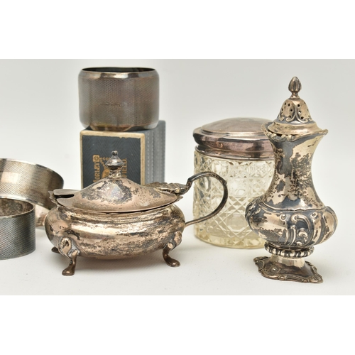 137 - A GROUP OF SILVER ITEMS, to include a pepperette hallmarked 'Adie & Lovekin Ltd' Birmingham 1911, on... 