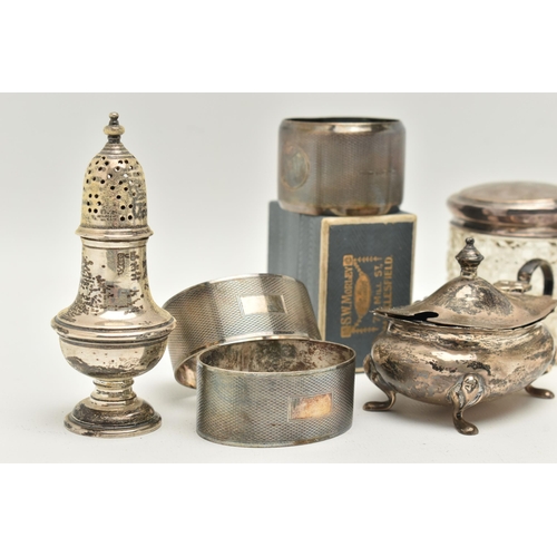 137 - A GROUP OF SILVER ITEMS, to include a pepperette hallmarked 'Adie & Lovekin Ltd' Birmingham 1911, on... 