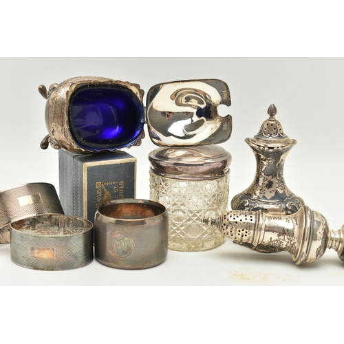 137 - A GROUP OF SILVER ITEMS, to include a pepperette hallmarked 'Adie & Lovekin Ltd' Birmingham 1911, on... 