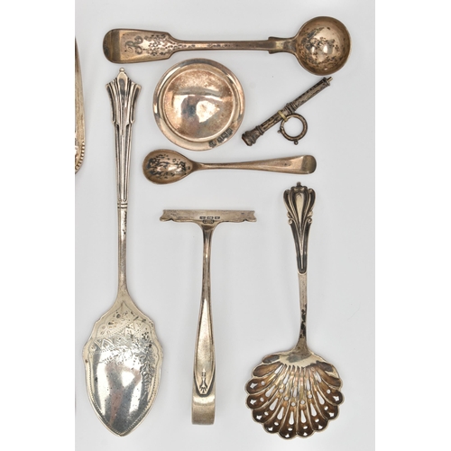 138 - ASSORTED SILVER CUTLERY, to include a Victorian Old English pattern caddy spoon, hallmarked London, ... 