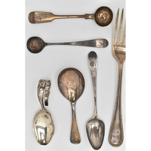 138 - ASSORTED SILVER CUTLERY, to include a Victorian Old English pattern caddy spoon, hallmarked London, ... 