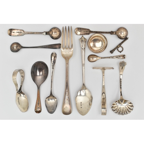 138 - ASSORTED SILVER CUTLERY, to include a Victorian Old English pattern caddy spoon, hallmarked London, ... 