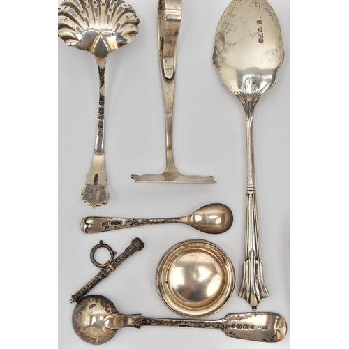 138 - ASSORTED SILVER CUTLERY, to include a Victorian Old English pattern caddy spoon, hallmarked London, ... 