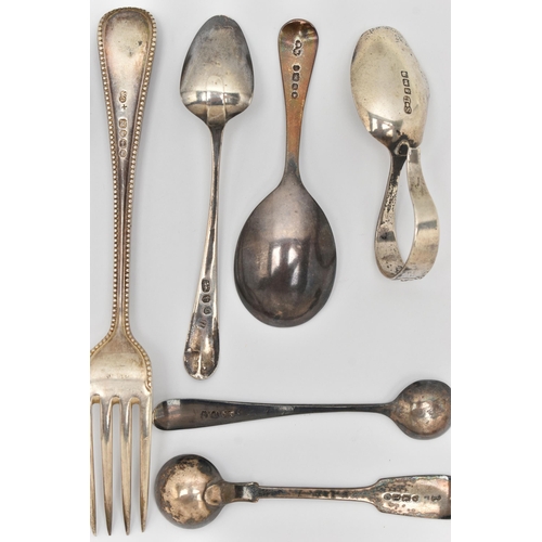 138 - ASSORTED SILVER CUTLERY, to include a Victorian Old English pattern caddy spoon, hallmarked London, ... 