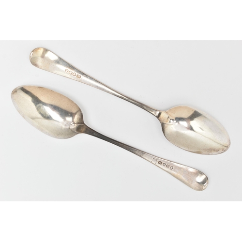 143 - TWO GEORGIAN SILVER TABLE SPOONS, old English pattern spoons with engraved initials to the terminals... 