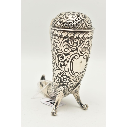 145 - A LATE VICTORIAN SILVER CORNUCOPIA SHAPED SUGAR CASTER, with embossed floral and foliate decoration,... 