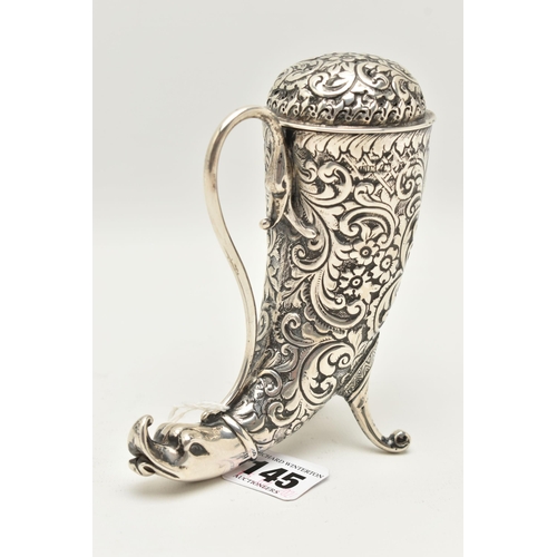 145 - A LATE VICTORIAN SILVER CORNUCOPIA SHAPED SUGAR CASTER, with embossed floral and foliate decoration,... 