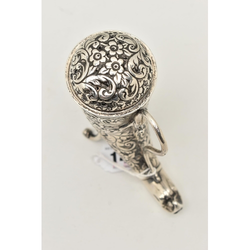 145 - A LATE VICTORIAN SILVER CORNUCOPIA SHAPED SUGAR CASTER, with embossed floral and foliate decoration,... 