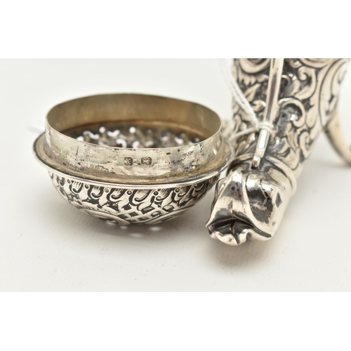 145 - A LATE VICTORIAN SILVER CORNUCOPIA SHAPED SUGAR CASTER, with embossed floral and foliate decoration,... 