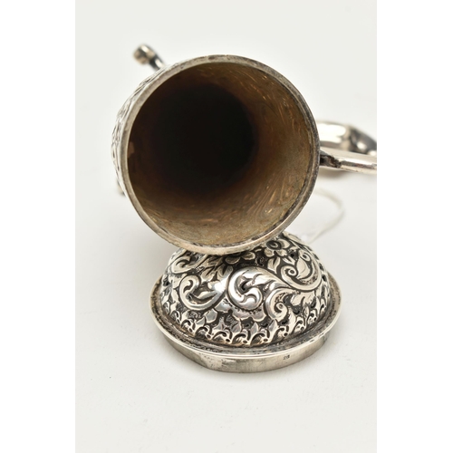 145 - A LATE VICTORIAN SILVER CORNUCOPIA SHAPED SUGAR CASTER, with embossed floral and foliate decoration,... 