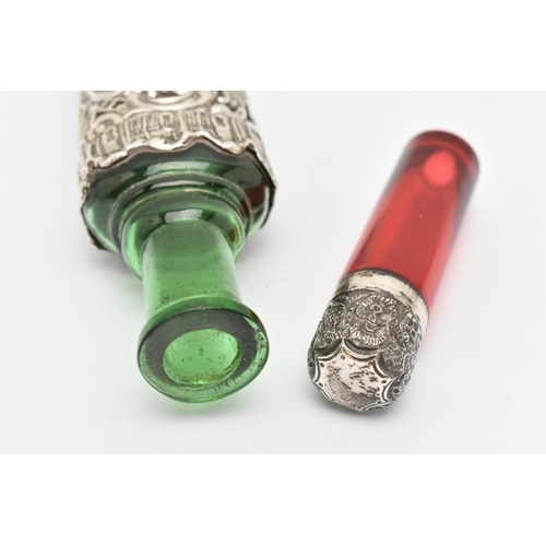 146 - TWO SCENT BOTTLES, the first a green tapering glass bottle with embossed scrolling cover and engrave... 