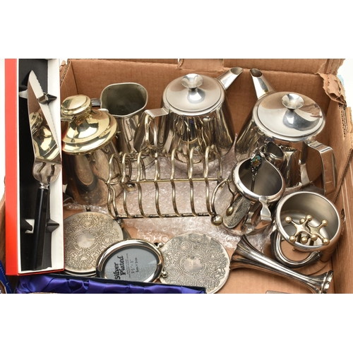 148 - A BOX OF ASSORTED WHITE METAL WARE, to include a 'Smiths Empire' manual wind, base metal pocket watc... 