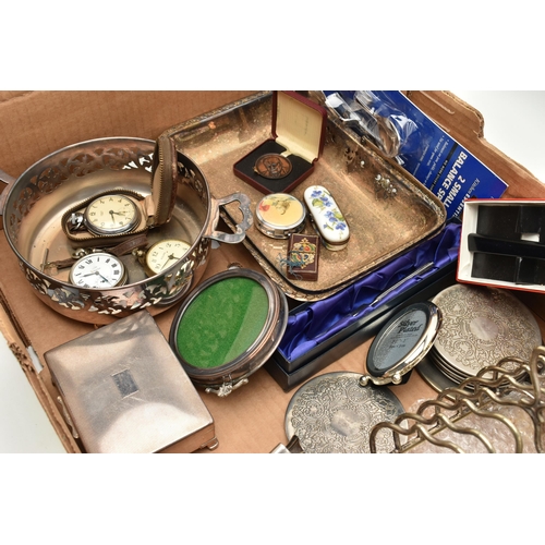 148 - A BOX OF ASSORTED WHITE METAL WARE, to include a 'Smiths Empire' manual wind, base metal pocket watc... 