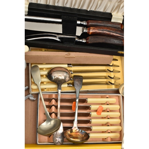 149 - A BOX OF ASSORTED BOXED SETS AND LOOSE CUTLERY, to include a boxed set of six knives each fitted wit... 