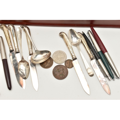 151 - ASSORTED CUTLERY PIECES, to include a Georgian silver fiddle pattern soup ladle, engraved monogram t... 