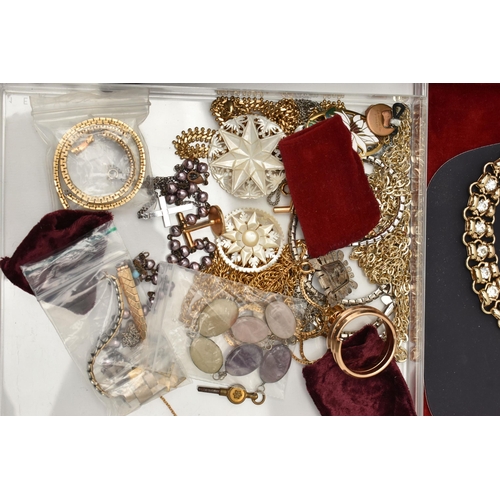 152 - A BOX OF ASSORTED COSTUME JEWELLERY AND JEWELLERY BOXES, to include a small white metal, blue and bl... 