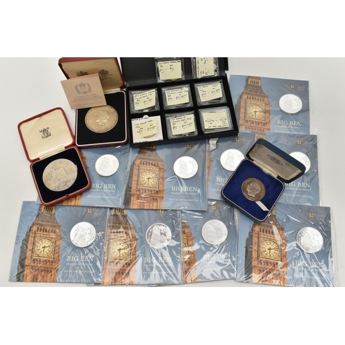 154 - ROYAL MINT BIG BEN .999 SILVER £100 COINS, 62.86 grams, 40mm, x9 (Nine) sealed packs, a cased John P... 