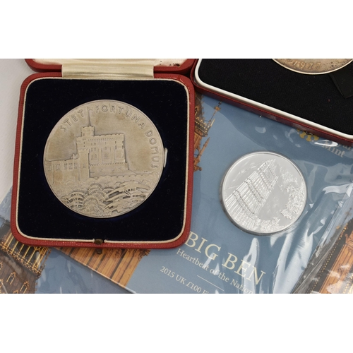 154 - ROYAL MINT BIG BEN .999 SILVER £100 COINS, 62.86 grams, 40mm, x9 (Nine) sealed packs, a cased John P... 