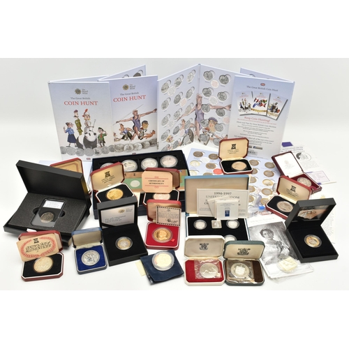 156 - A CARDBOARD BOX OF SILVER, SILVER PROOF AND OTHER COINS, to include x7 silver cased Crown size coins... 