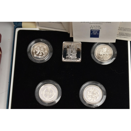 156 - A CARDBOARD BOX OF SILVER, SILVER PROOF AND OTHER COINS, to include x7 silver cased Crown size coins... 